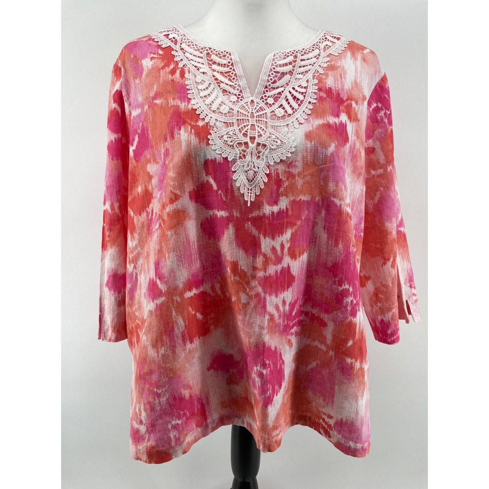 Boho Tunic Top Womens Large Petite Pink Orange Artsy Lace 100% Cotton Coastal
